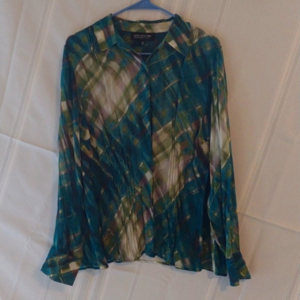 Jones New York teal/green/white chiffon blouse, 90s look, size 14W